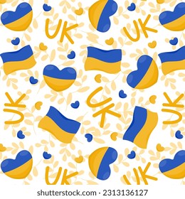 Seamless pattern with Ukrainian flag, heart and letters UK, vector