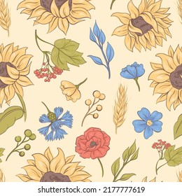 Seamless pattern with Ukrainian flowers. Pattern with sunflowers, cornflowers, poppies and viburnum