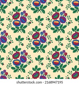 Seamless pattern with ukrainian folk floral elements on light  yellow background. Ethnic ornament based on national embroidery tradition. Can be used for decoration, surface and paper print design