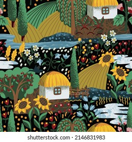 Seamless pattern with Ukrainian landscape, house and flowers. Textile vector