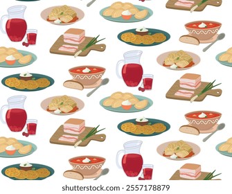 Seamless pattern with Ukrainian national dishes. Flat background with borsch, varenyky, holubtsy, compote, salo, deruny