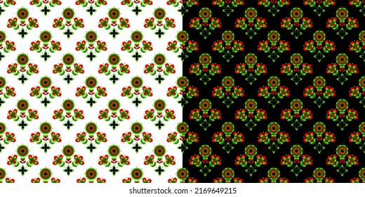 Seamless pattern in Ukrainian style. Flat pattern based on Ukrainian embroidery on a black and white background. Scrapbooking paper. 