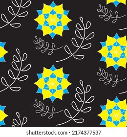 Seamless pattern. Ukrainian symbols, an ornament of abstract blue-yellow flowers and branches on a black background. Vector illustration.