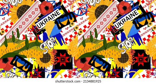 Seamless pattern with Ukrainian symbols. Youth goaffiti style. Street style. grunge Vector illustration.Concept stay with ukraine.
We are in solidarity