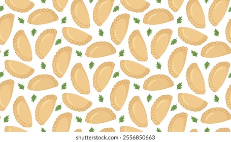 Seamless pattern with Ukrainian traditional dish varenyky and parsley leaves. Vector background in flat style.	