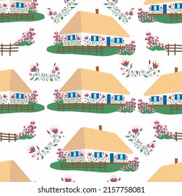 Seamless pattern Ukrainian traditional house with white walls, thatched roof, flower garden and wicker fence.