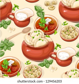 Seamless pattern of Ukrainian traditional red borscht with sour cream and dumplings