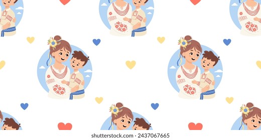 Seamless pattern with Ukrainian woman mother with son in traditional clothes embroidered shirt on white background with yellow-blue hearts. Vector illustration. Festive cultural national character