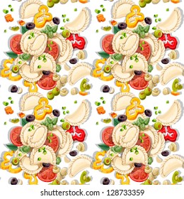 Seamless pattern of Ukrainiand national dish dumplings with greens and vegetables