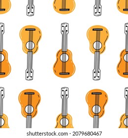 Patrón sin foco con ukulele en estilo doodle lindo. Ilustración vectorial con fondo de instrumentos musicales.