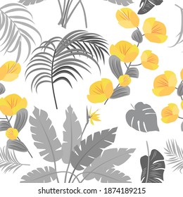 Seamless pattern of ultimate gray tropical leaves of palm tree and illuminating yellow flowers. Botany light vector background, jungle  wallpaper.