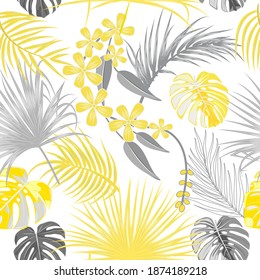 Seamless pattern of ultimate gray tropical leaves of palm tree and illuminating yellow flowers. Botany light vector background, jungle  wallpaper.
