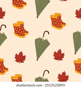 Seamless pattern with umbrella, boots  and autumn leaves. Autumn pattern. Perfect for product design, wallpaper, scrapbooking. EPS 10