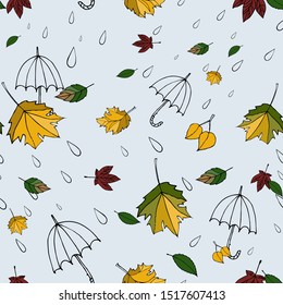 seamless pattern with umbrella; seamless pattern with clouds, clouds and rain; seamless pattern with leaves