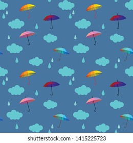 Seamless pattern with umbrella, drops and clouds isolated on blue background. Use for printing on textiles, t-shirt, cards, wrapping paper, poster, fabric print. Vector illustration. 