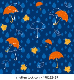Seamless pattern with umbrella, drops and leaves.Autumn pattern