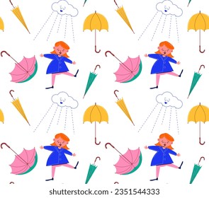 Seamless pattern with umbrella and girl character. Vector illustration in 60s, 70s retro style. Children's vintage background.