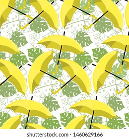 Seamless pattern with umbrella, leaf, plant. Seamless flat background.
