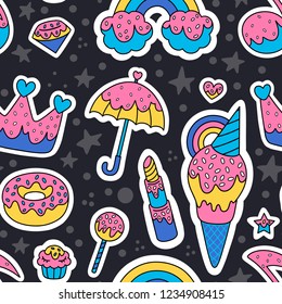 Seamless pattern of umbrella, pomade, ice cream, crown, star, donut, cupcake and other. 