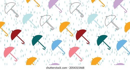 Seamless pattern with umbrella and rain. Colourful umbrellas  in the rain. Background with bright umbrellas. For textile, paper, packaging and wallpaper. Vector pattern. 