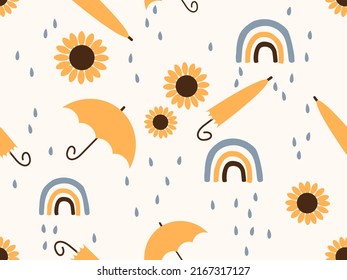Nahtloses Muster mit Regenschirm, Sonnenblumen, Regentropfen und Regenbogen auf pastellfarbenem Hintergrund, Vektorgrafik. 