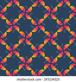 Seamless pattern from umbrellas. Abstract seamless pattern design. Rainbow color umbrellas on blue background. Vector illustration.