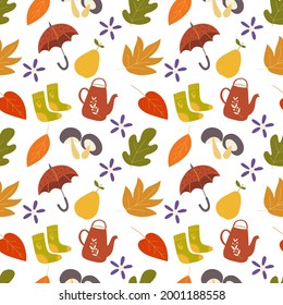 Seamless pattern with umbrellas, autumn leaves, warm socks, teapot. Vector graphics on a white background. For the decorating wallpaper, covers, wrapping paper, for prints on textiles,  tablecloths.