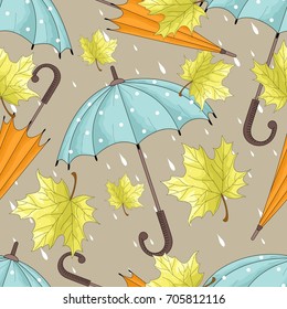Seamless pattern with umbrellas and autumn leaves. Vector illustration.