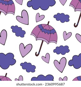 Seamless pattern. Umbrellas, clouds and hearts. Vector illustration, hand drawing.