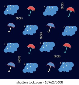 Seamless pattern of umbrellas, clouds, raindrops, text "drops" on a dark blue background.