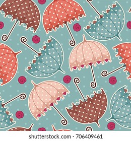 Seamless pattern with umbrellas. Fabric background for kids paper products. Beautiful abstract design for cards, invitations, wedding or baby shower albums and scrapbooks. Vector illustration