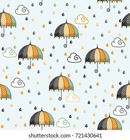 Seamless pattern with umbrellas. Fabric background for kids clothing and paper products. Beautiful design for cards, invitations, wedding or baby shower albums and scrapbooks. Vector illustration