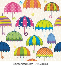 Seamless pattern with umbrellas. Fabric background for kids clothing and paper products. Beautiful design for cards, invitations, wedding or baby shower albums and scrapbooks. Vector illustration