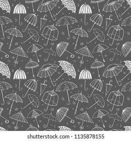 Seamless pattern with umbrellas on black background. Can be used for wallpaper, pattern fills, textile, web page background, surface textures