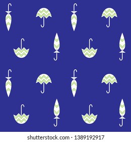 Seamless pattern with umbrellas on dark blue background. 