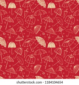 Seamless pattern with umbrellas on red background. Can be used for wallpaper, pattern fills, textile, web page background, surface textures