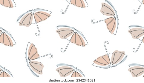 Seamless pattern with umbrellas. One line drawing open umbrella. Umbrella silhouette in single continuous line. Flat minimalistic colored design. Vector illustration isolated on white background.