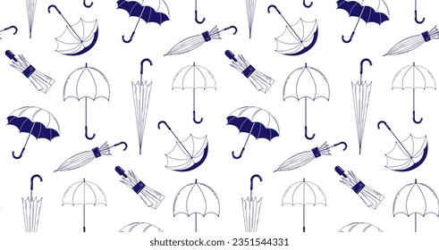 Patrón sin inconvenientes con paraguas en forma de contorno. Ilustración lineal de paraguas en diferentes posiciones y diferentes formas. Ilustración lineal vectorial sobre un fondo aislado blanco.
