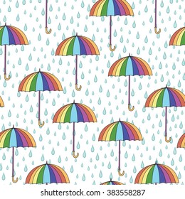 Seamless pattern with umbrellas and rain. Can be used for wallpaper, pattern fills, greeting cards, webpage backgrounds, wrapping paper or fabric. Vector illustration. EPS 10.