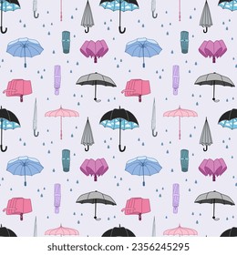 Seamless pattern umbrellas and rain drops. Autumn Background for wallpaper or wrapping paper design.