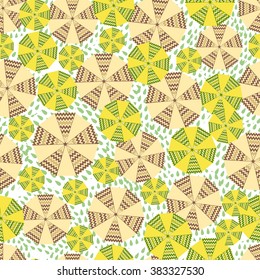 Seamless pattern with umbrellas and rain drops. View from above. Different sizes are patterned umbrellas on a white background. Vector illustration.