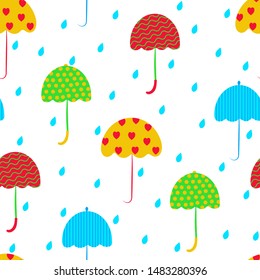 Seamless pattern. Umbrellas and rain on a white background. Flat vector. Children's illustration