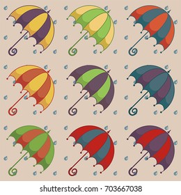 Seamless pattern with umbrellas and raindrops. Fabric background. Beautiful abstract pattern, vector illustration