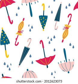 Seamless Pattern With Umbrellas And Raindrops. Fashionable Clothes In Bad Weather. Scandinavian Style Background. Decorative Wallpaper Or Pack Paper, Good For Printing. Vector Illustration