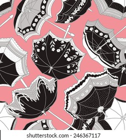Seamless Pattern Umbrellas Retro Pink Black & White