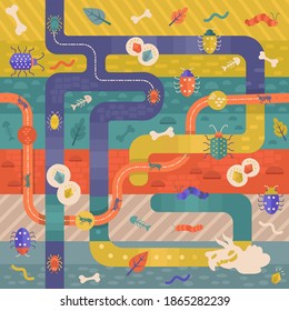 Seamless pattern with undeground labyrinth with bugs, colorful clay and soil layers. Funny bugs, worms, ants, caterpillars. Kids style repeated print about under earth life. Gems, jewel and dino scull
