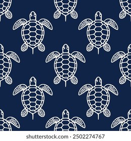 Seamless pattern under the sea white turtles on a deep c, ideal for beach-themed textiles, children's clothing, and coastal-inspired decor.