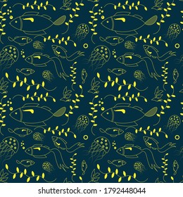 Seamless pattern with under water creatures and plants with an attractive background. Infinite hand drawn vector illustration for pattern fill,surface texture, banner, designs and other print purpose.