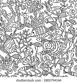 Seamless pattern under water. Marine monochrome vector motif . Doodle of the underwater world