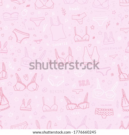 Seamless pattern with underclothes panties. Pink doodle background with lingerie